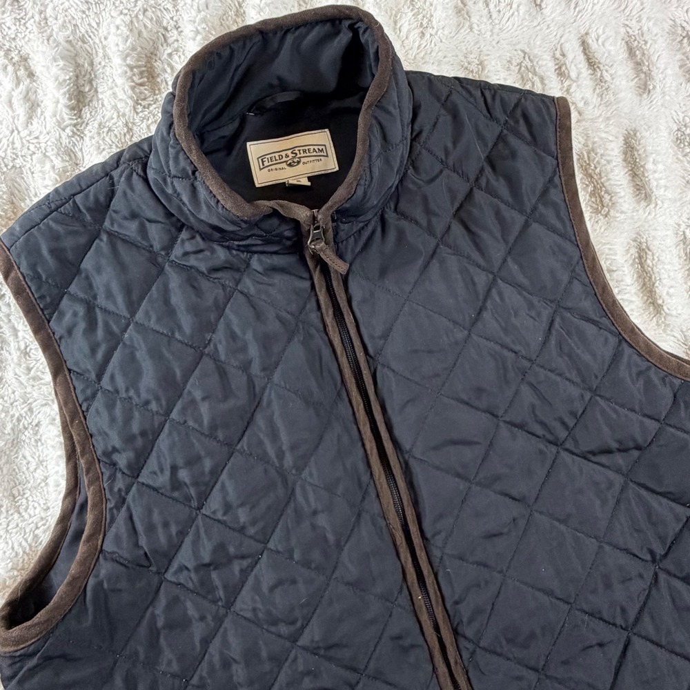 Field & Stream Mens Quilted Vest Black Brown Trim Full Zip Pockets Size Medium